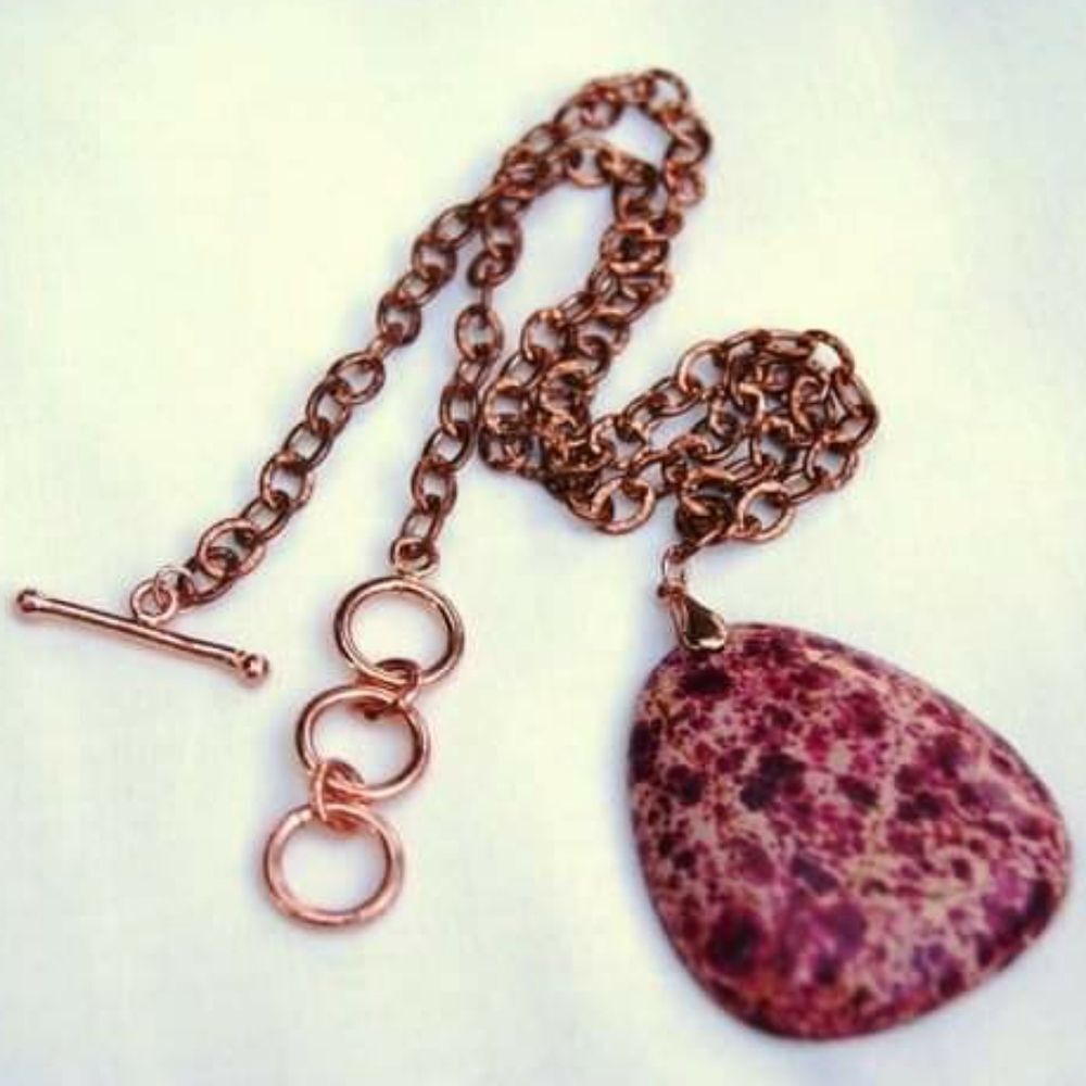 Handmade Magenta Sea Sediment Jasper Pendant & Copper Chain Necklace with Toggle